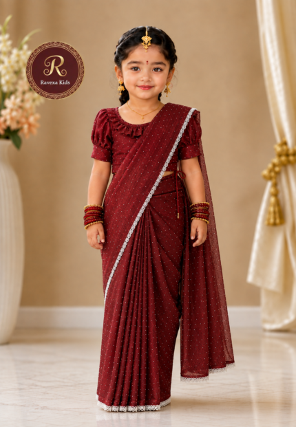 Premium Maroon Kids Ready Saree – Semi Tissue Fabric
