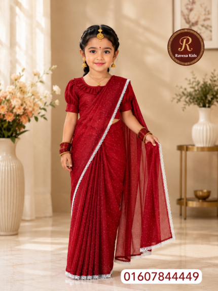 Premium Red Kids Ready Saree – Semi Tissue Fabric পুরো শাড়িতে ছোট পাথরের কাজ করা প্রিমিয়াম চায়না কাপড় ভিতরে নরম ফলস দেওয়া COD P2